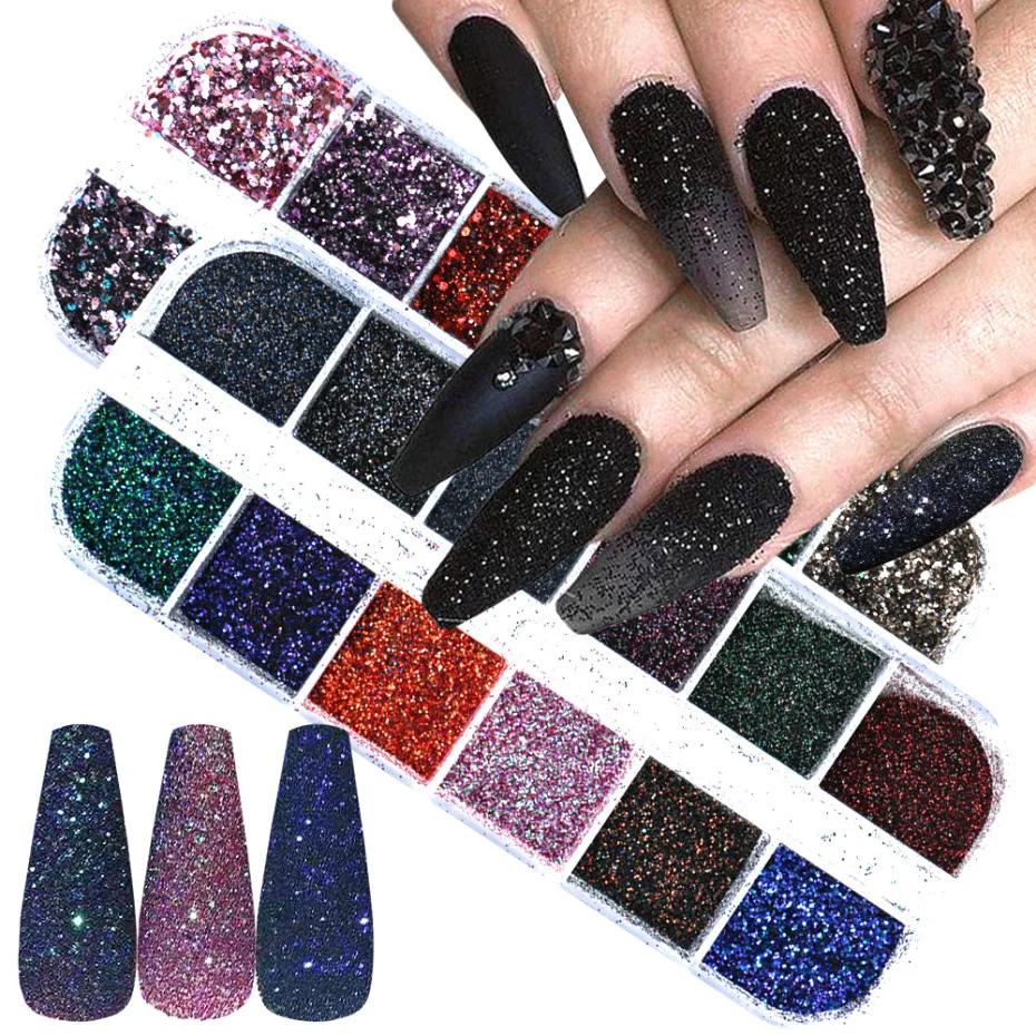 

12 Grid Holographic Design for Nail Glitter Flakes Mixed Hexagon Shine Sequins Nail Art Paillette Laser Manicure DIY Tips, 12 colors
