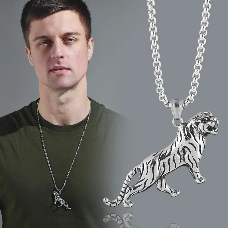 

2021 Amazon hot sale punk personality domineering animal tiger stainless steel men's necklace trendy pendant jewelry