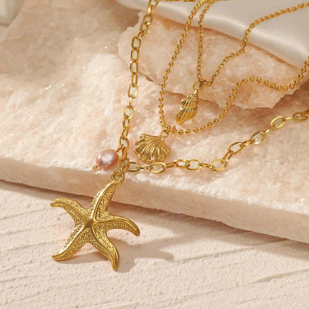 

Waterproof Jewelry Stainless Steel Layering Necklace 18K Gold Plated Three Layer Shell Starfish Conch Pendant Necklaces YF3217