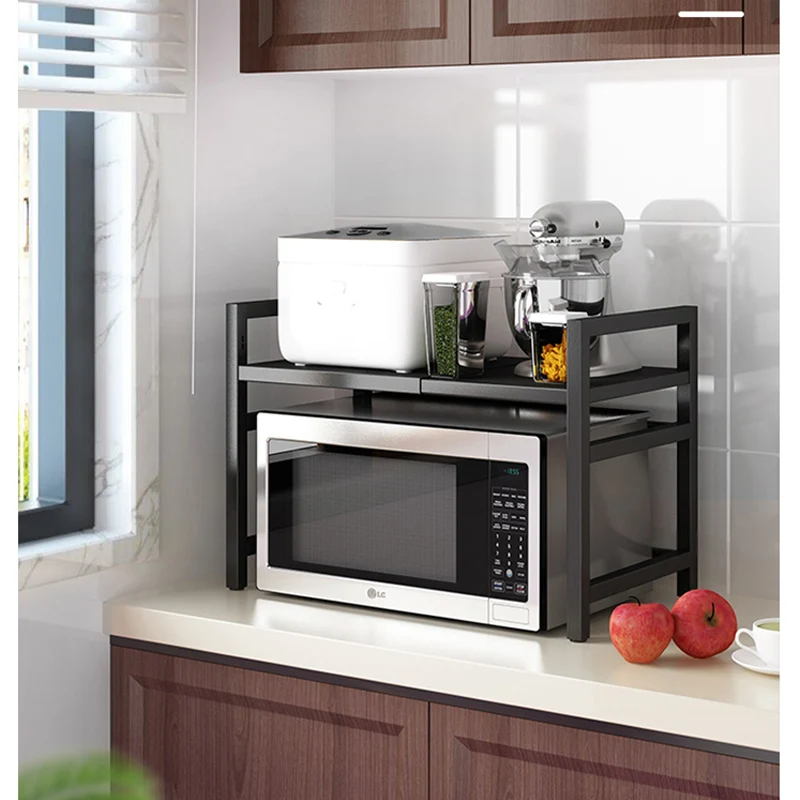 

1-Tier Kitchen Bakers Rack Adjustable Utility Storage Shelf Microwave Oven Rack Kitchen Organizer with 6 Hooks storage holders, Black,white