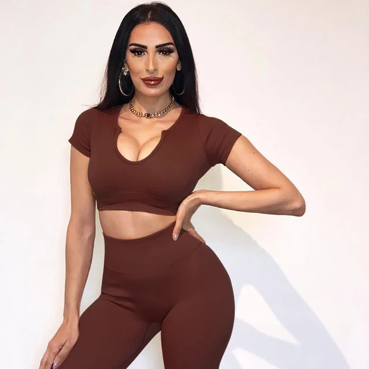 

Bo and Women's Tee Seamless 2 Piece Outfits Gym Crop Top Sets High Waist Bodycon Stretch Sports Legging, 7 colors as detail show