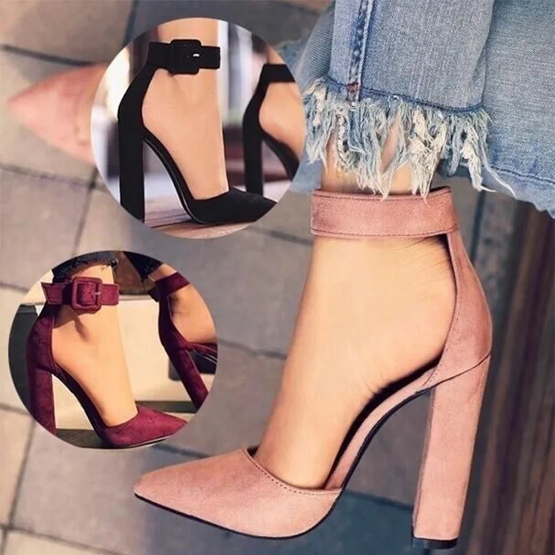 

2021 Fashion Large Size Thick Heel High Heels Pointed Buckle Single Shoes Women