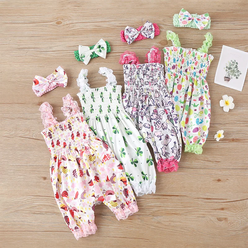 

Baby Girls Fashion Easter Girl Suspender Bloomers Jumpsuits + Headbands 2pcs/set Printed Baby Romper M594