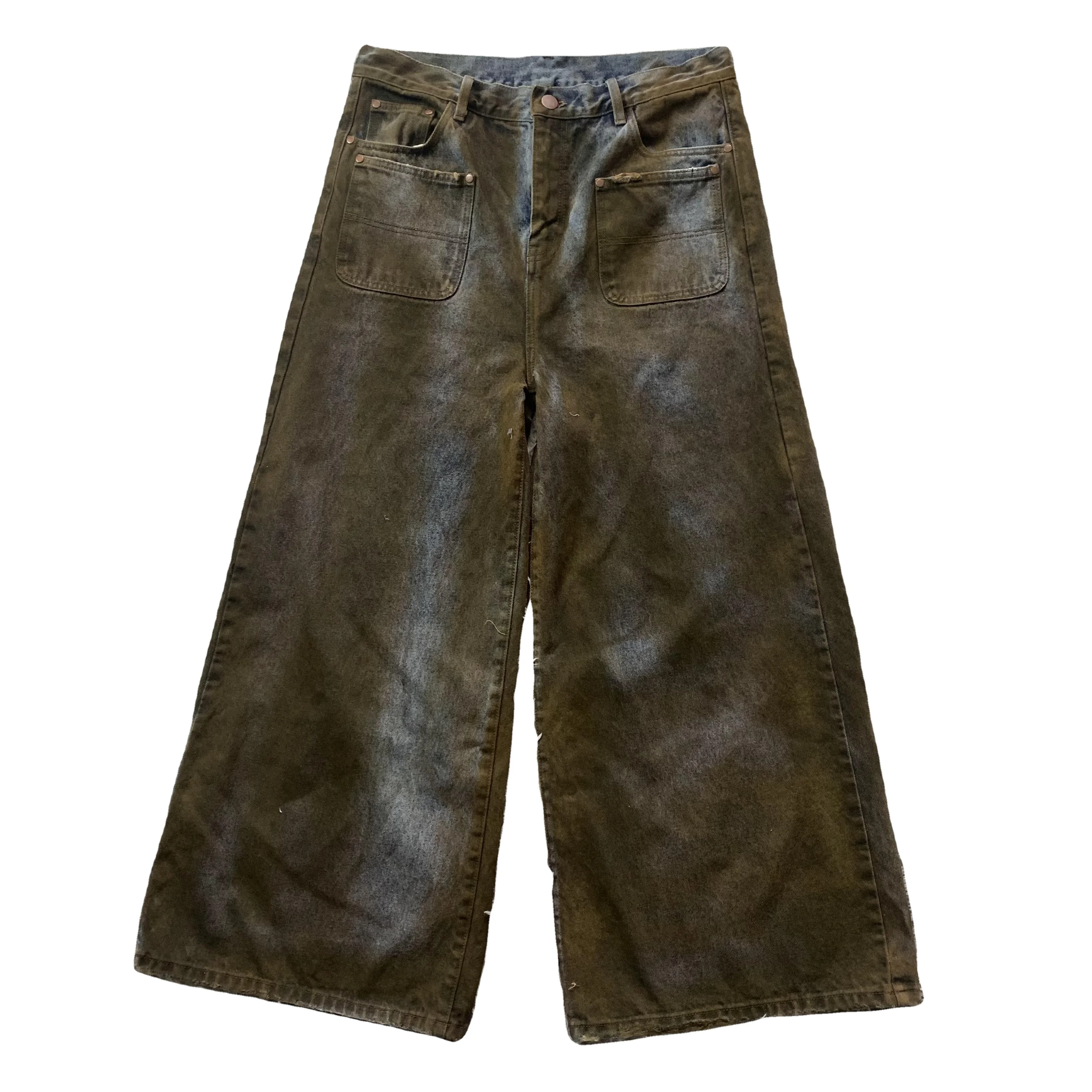 DENIMGUYS Custom Dirty Mud Washed Jeans Men Frayed Hem Baggy Loose Denim Mens Hip Hop Retro Y2k Men's American Jeans