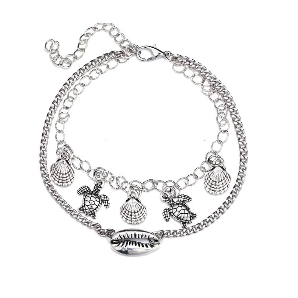 

BA-064 Customized Silver Alloy Women's Foot Jewelry Charm Anklet Bracelet With Turtle Scallop Shell Pendant, Multicolor as picture