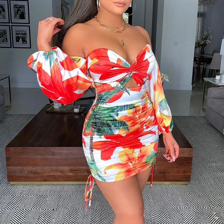 

Women Off Shoulder Long Sleeve Ruched Floral Print Bodycon Dress Bohemian Style Beach Holiday Pleated Dresses, Picture