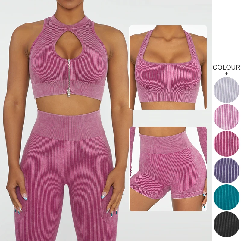 

Fashion sexy seamless yoga suit 2022 gym clothes sport bra with zipper sport set women's ribbed yoga 4-pieces sets