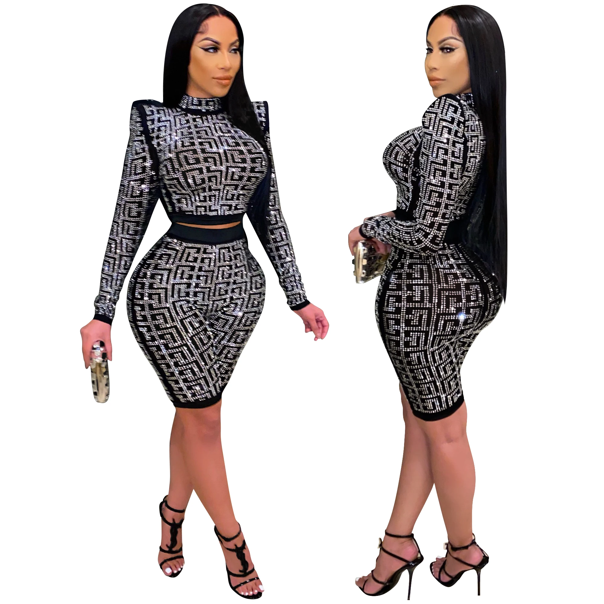 

Rhinestone High Quality Outfit Formal Women Beaded Letter Short Pants Set Ladies