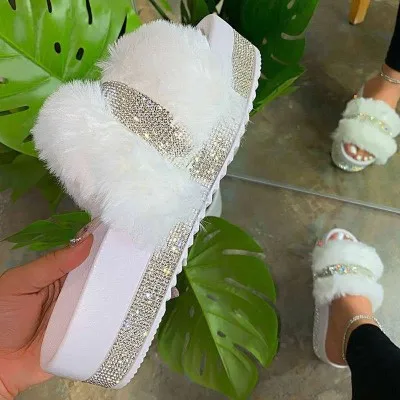 

New Fashion Thick Bottom Hair Drag Sandals Sandali Donna Furry Womans Slippers Flip Flops