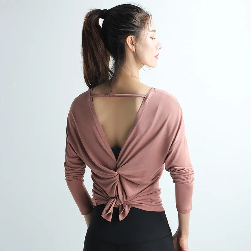 

Long Sleeve Women Yoga Tops Open Back Running Clothes Pilates Loose Workout Sportswear Quick Dry Dance Shirts for Gym Fitness