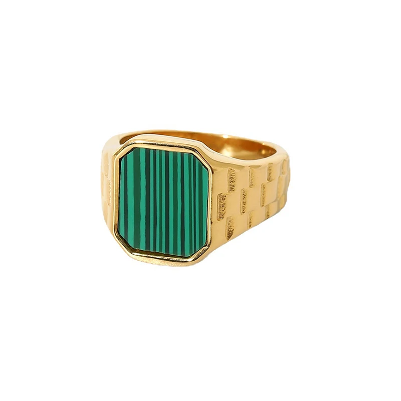 

Trendy Geometric Rectangle Metal Textured Ring Turquoise Shell 18k Gold Plated Stainless Steel Ring Men Women Party Jewelry Gift, Picture shows