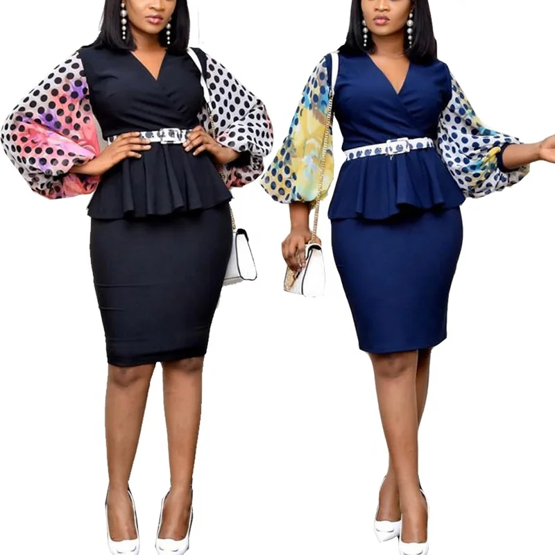 

Fashion Sexy V Neck Polka Dot Long Sleeve Plus Size Lady Formal Dress Women Skirt Two Piece Pants Set