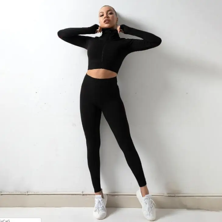 

Women's seamless yoga clothing suit autumn and winter new knitted elastic fitness sports three-piece suit, As the picture shows