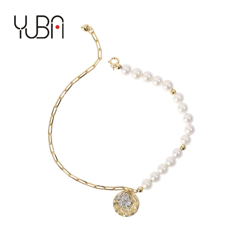 

925 Sterling silver creative asymmetric luxury portrait Coin Pearl Gold Plated Bracelet Jewelry, Silver color
