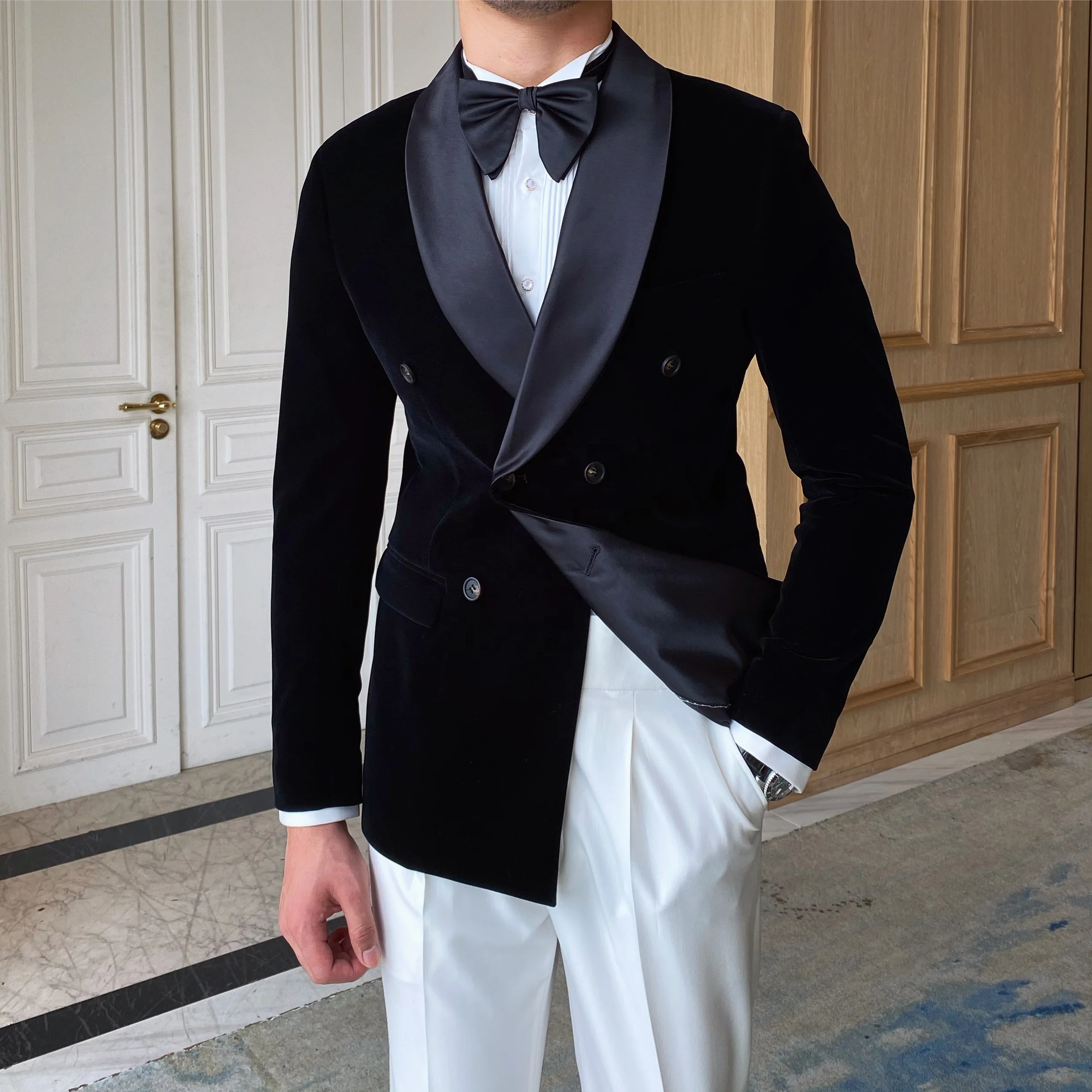 

Winter 2023 Gentlemen Formal Wedding Jacket Top Blazer Black Velvet Retro Double Breased Groom Suits for Men