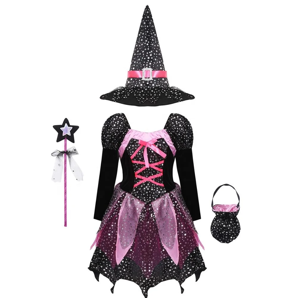

Kids Pretty Scary Devil Long Sleeve Sparkly Printed Dress With Pointed Hat Wand Candy Bag Girls Halloween Witch Costume Outfits