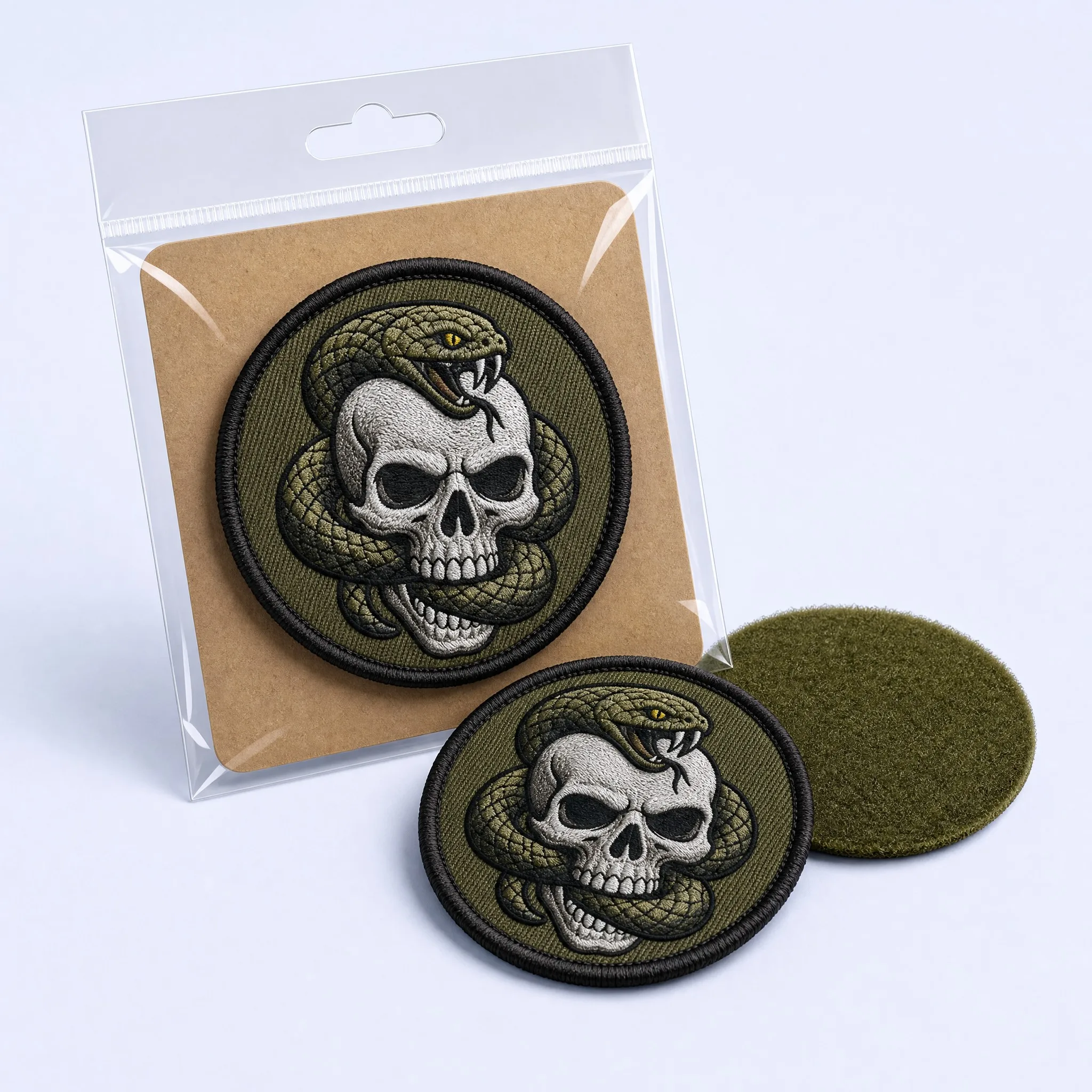 Retail Packaging Presentation of Circular Snake and Skull Tactical Patch in Clear Poly Hang Pouch with Kraft Backing Card