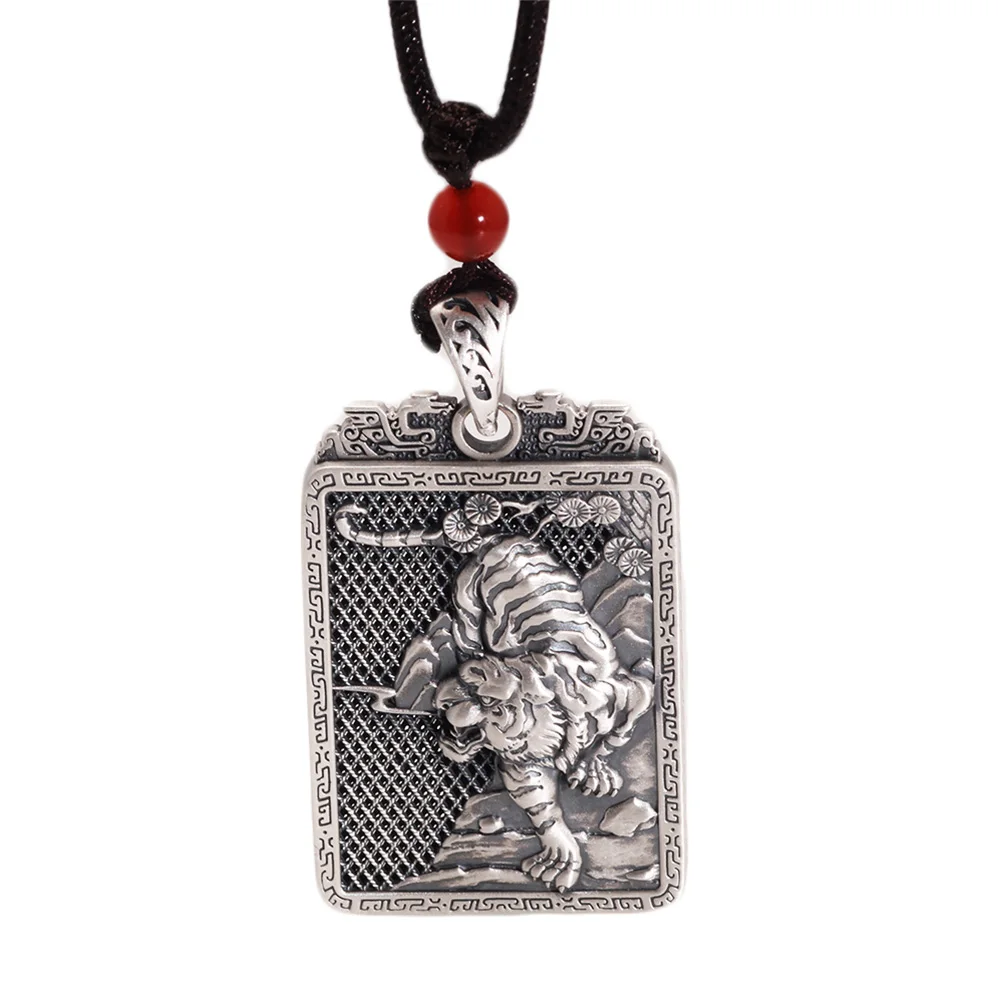 

Vintage Punk Sterling Silver 999 Tiger Pendant Necklace with Adjustable Rope for Male and Female Zodiac Hiphop Jewelry