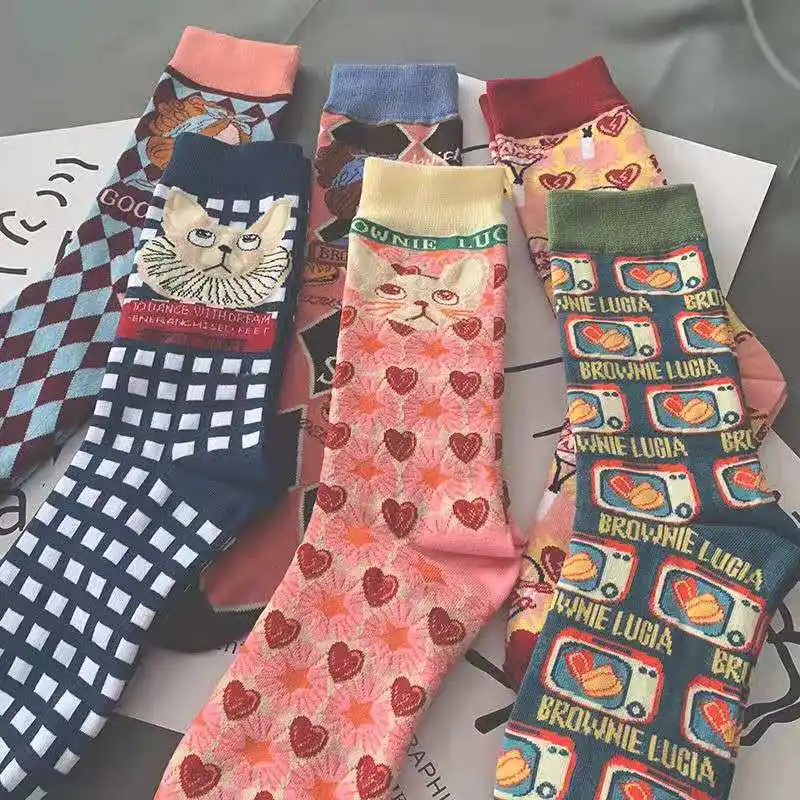

Europe sock cotton cartoon cute flower winter socks woman Illustration art lattice women crew socks