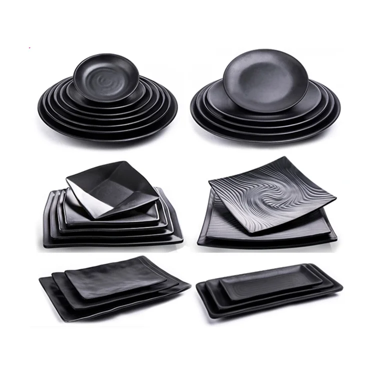 

hot selling bbq plastic dishes plates set rectangle round serving black melamine plates for restaurant