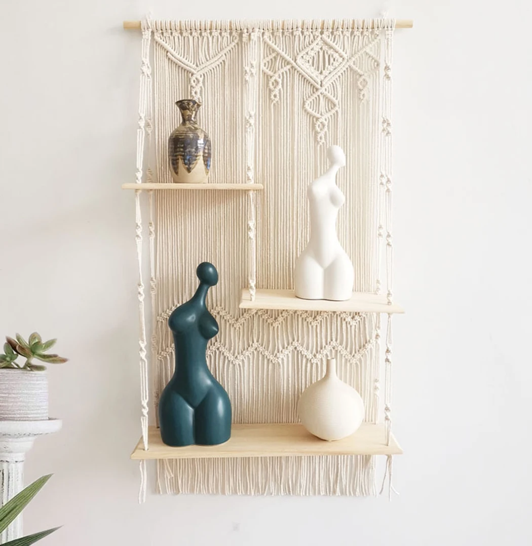 

3 Tier Large Macrame Wall Hanging Shelf Rope Plant Hanger indoor outdoor Boho Wall Art for Home Decor, Beige