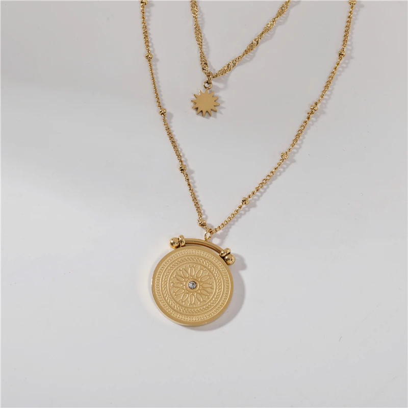 

Joolim Jewelry Gold Plated Stainless Steel Layered Coin Pendant Necklace Trendy Necklace Wholesale
