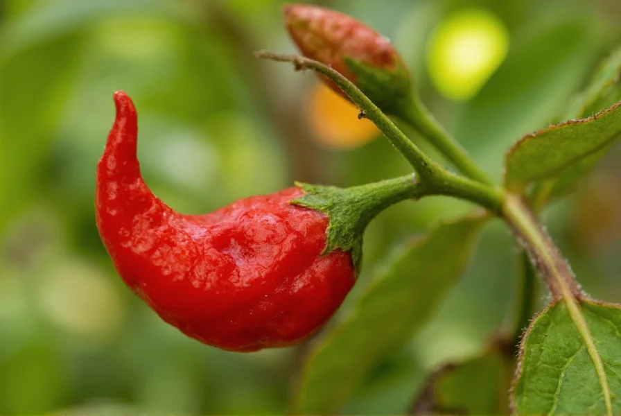 Close-up photograph of Apocalypse Scorpion Pepper showing distinctive scorpion-tail shape, vibrant red color, and textured skin on plant