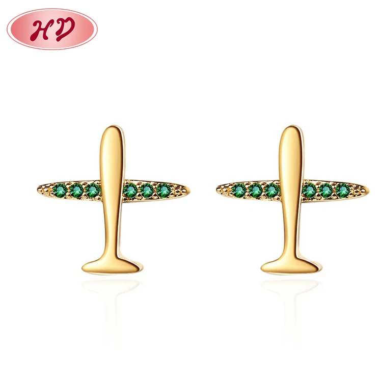 

factory price mini piercing ear ring 18k gold plated air plane cubic zirconia jewelry women stud earrings