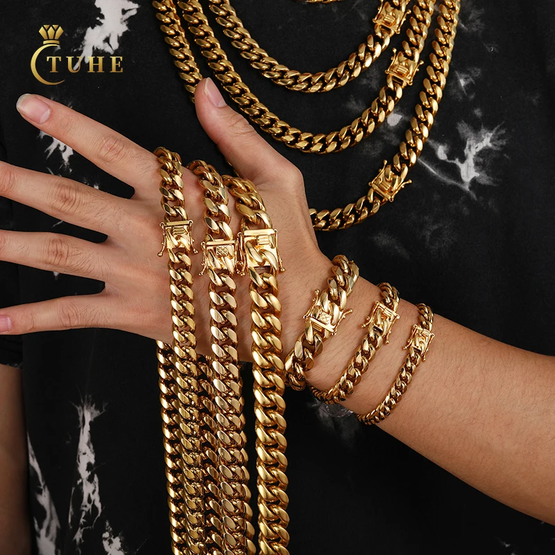 

Fashion Jewelry Hip Hop Men 14K 18K Gold Filled Plated Stainless Steel Miami Cuban Link Chain Necklace