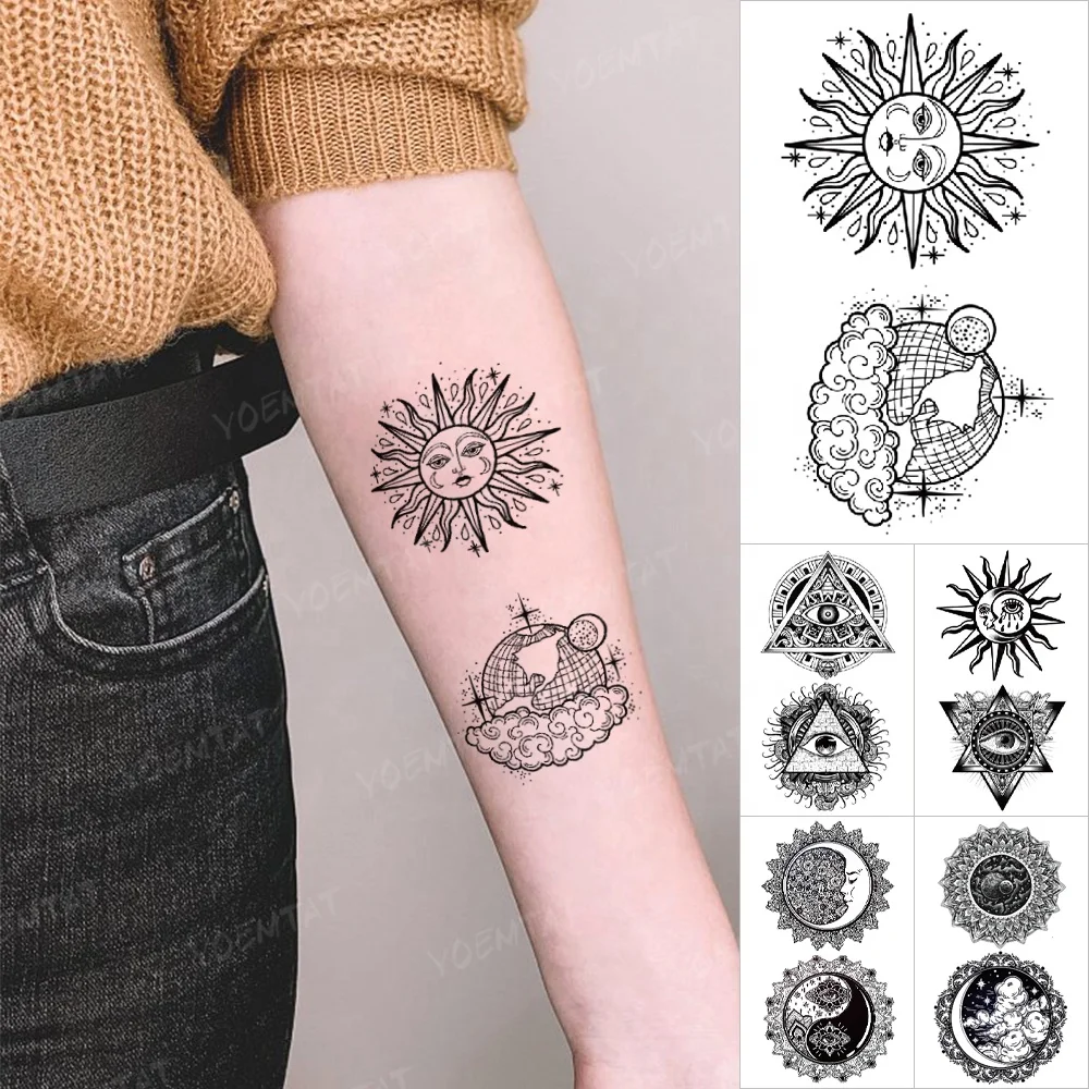 

Wholesale Cute Children Sun Triangle Waterproof Temporary Tattoo Stickers Eyes Black Geometric Pattern Arm Fake Tatoo Women, Cmyk