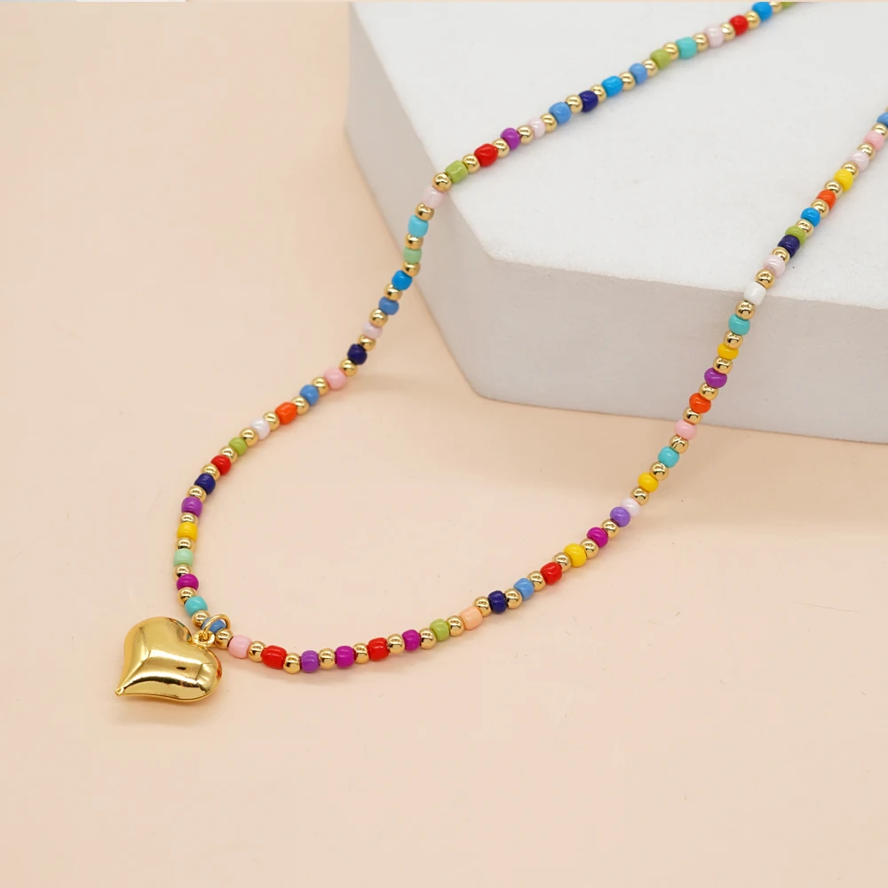 

Go2boho Summer Charm Gold Plated Heart Beaded Necklace Women Pendant Colorful Rainbow Boho Jewelry Handmade Miyuki Bead Necklace