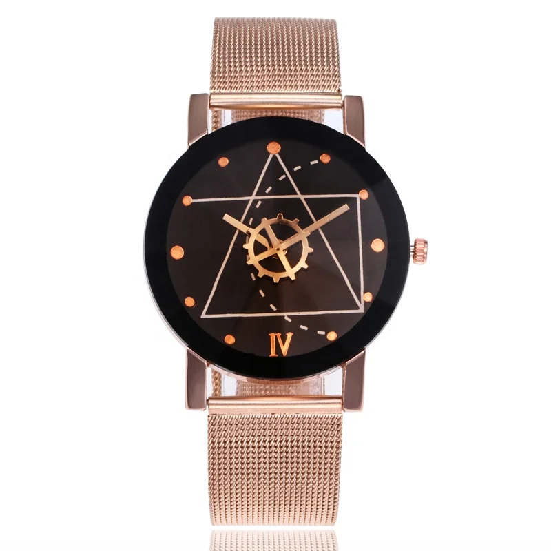 

China Wholesale Quartz Cheap Bulk watches Stainless Steel Mesh Band Unisex Triangle Gear Wheel Watch