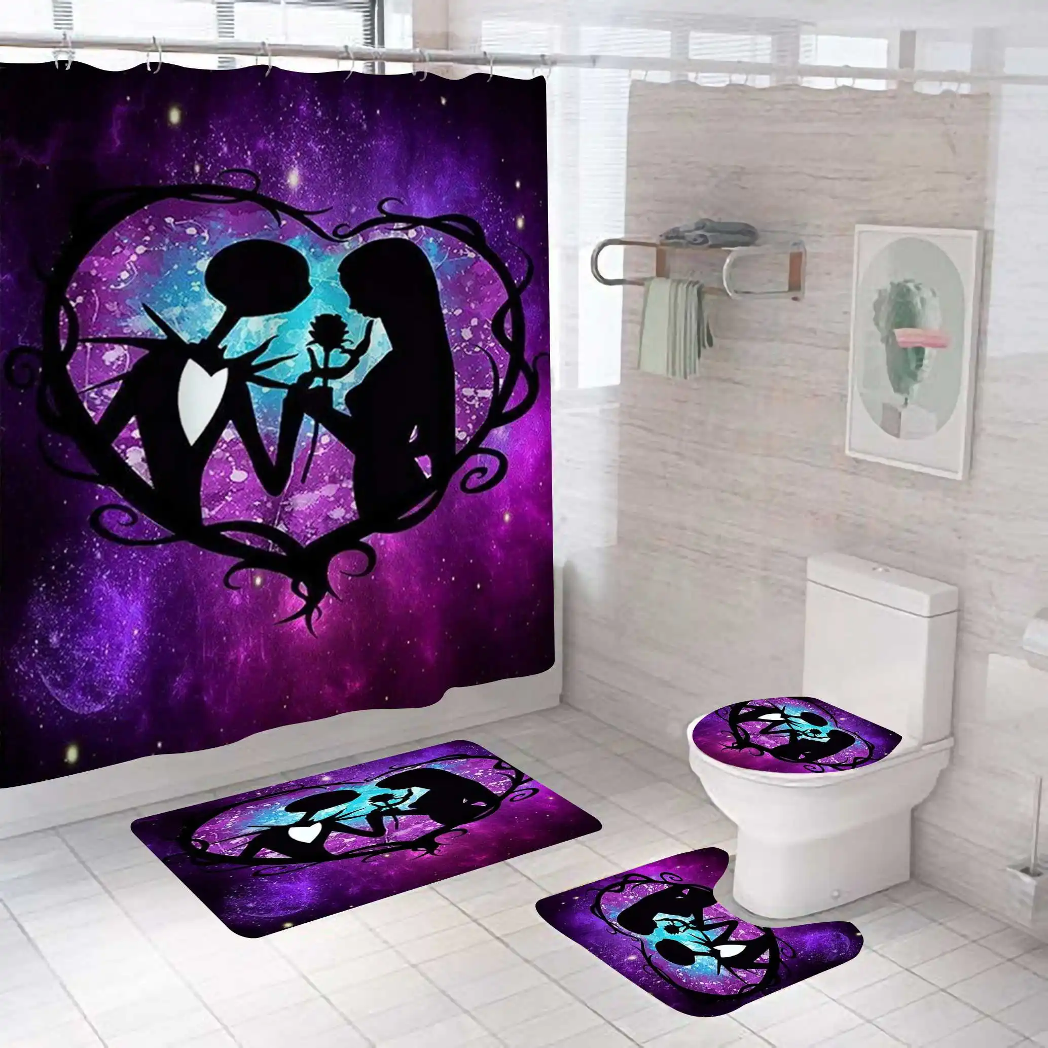 

Hot sale abstract funny anime custom wholesale free sample polyester 3d bathroom sets with shower curtain and rugs