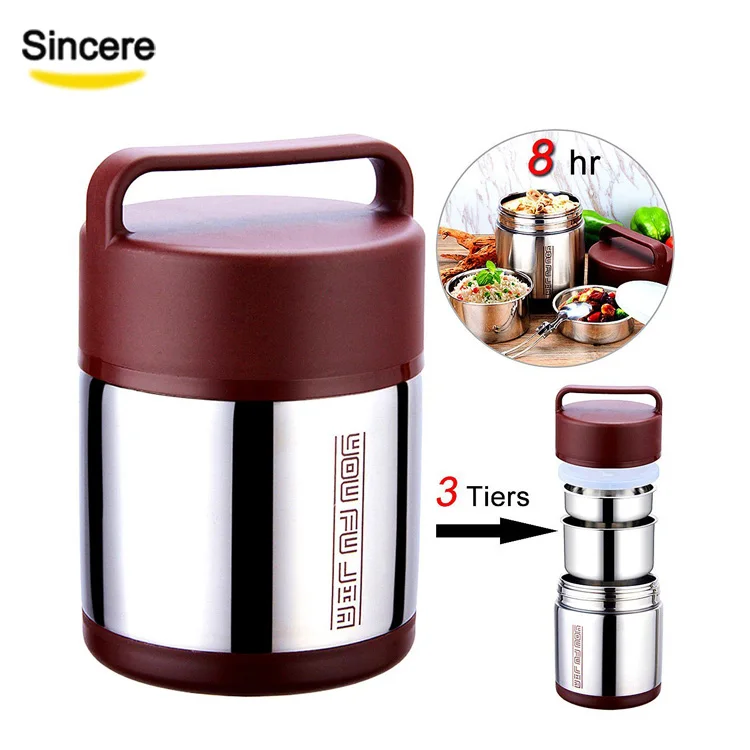 

3 compartment stainless steel thermos lunch box insulated tiffin lunch box with handle, Nature color, red