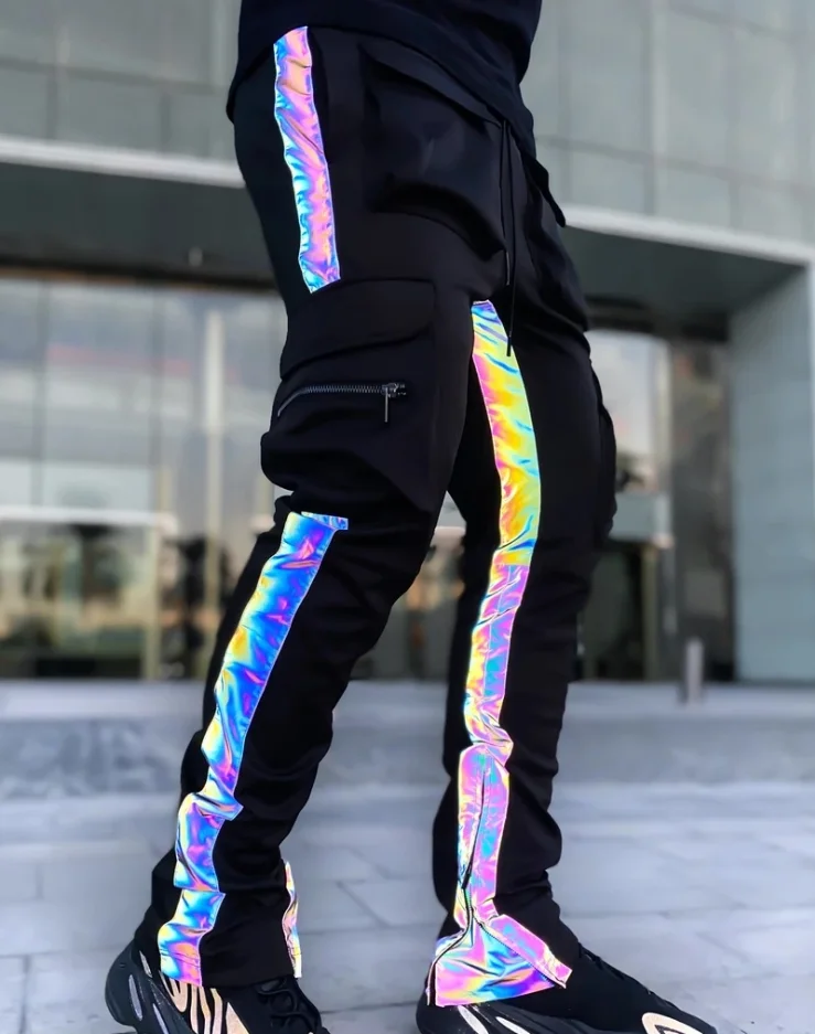 

Mens Night Running Reflective GYM Joggers Fashion Pockets Sweatpants Slim Solid Color Training Jogging Pants, Custom ( black&red)