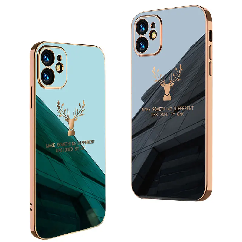 

Fashion Silicone Plating Deer Cell Phone Case For iPhone 12 11 Pro Max Mini Back Cover Coque Fundas De Moviles Telephone Capa, Black/green/gray