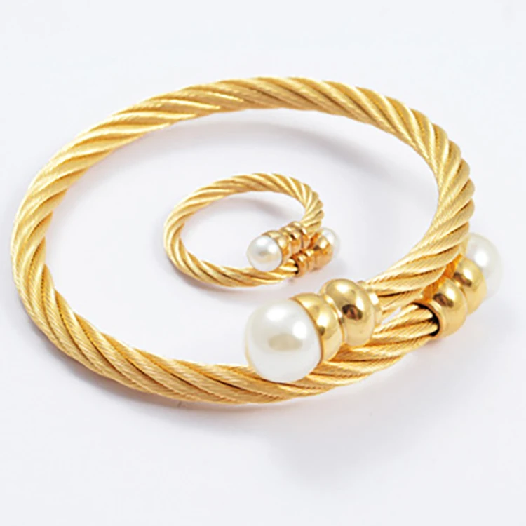 

Customized Two pieces of Jewelry set cuff cable bangle bracelet and ring gold woman bracelet ring Valentine's Day gift