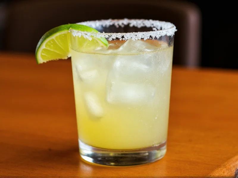 Salt-rimmed margarita glass with lime garnish on wooden table