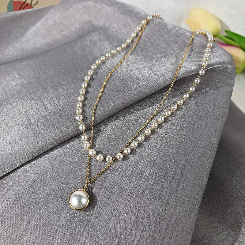 

Fashion Double Layer Clavicle Chain Pearl Pendant Women Short Neckband Collares Choker Fresh Water Pearl Necklace