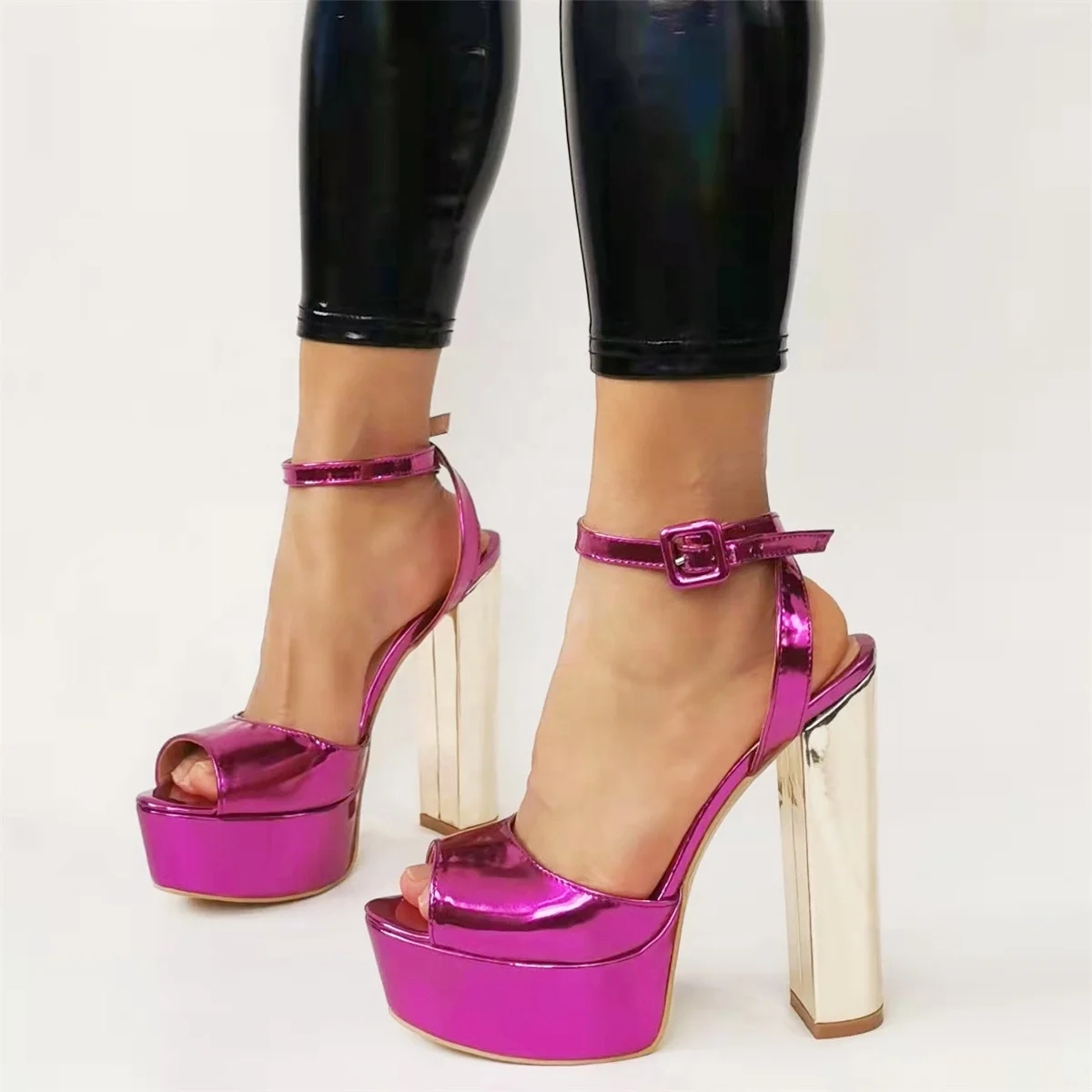 

Chengdu Women Shoes Sexy Peep Toe High Platform Sandals with Color Matching Thick Heel Buckle Strap Party Dress Women's Shoes, Purple