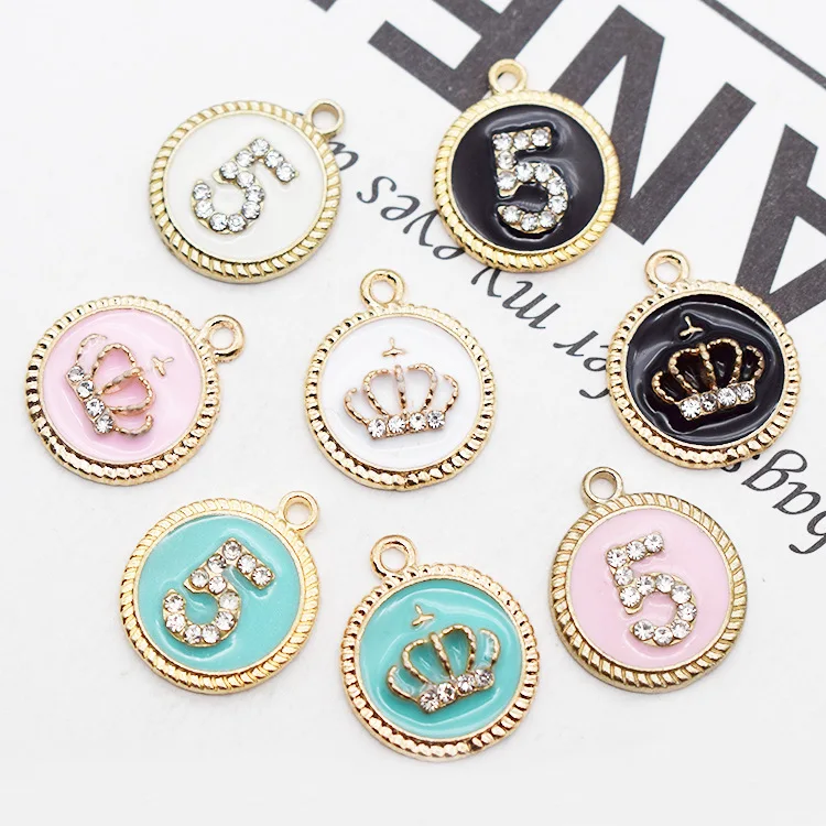 

pink black Enamel diy gold plated crown Zinc alloy number 5 pendant lights women charm pendant pendant letter, White,black,pink,blue