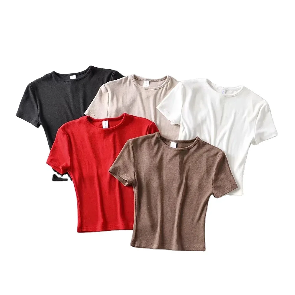 

Custom Women's Rib Solid Elastic Slim Crop Plain T-Shirts