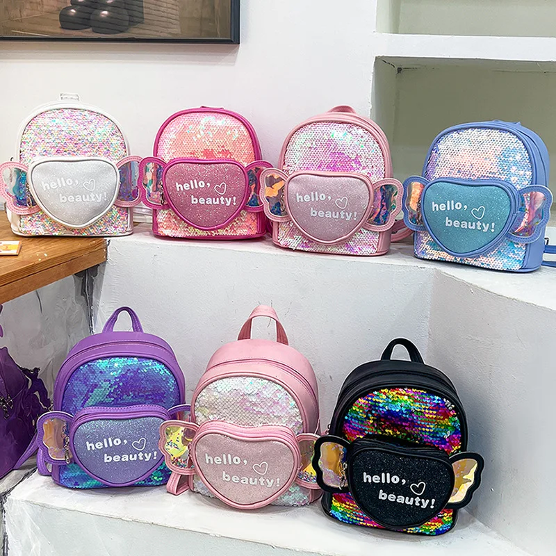 

2022 wholesale popular loungefly kids girl sublimation sequin angel wings heart charm back pack school bag sequin mini backpack, Multiple colors