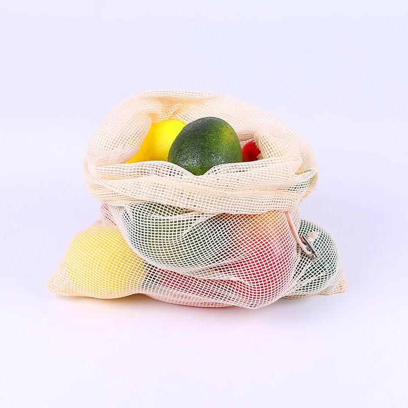 

Factory Price Reusable Eco Friendly Cotton Mesh Drawstring Bag Vegetable Fruit Button Net Bag, Beige