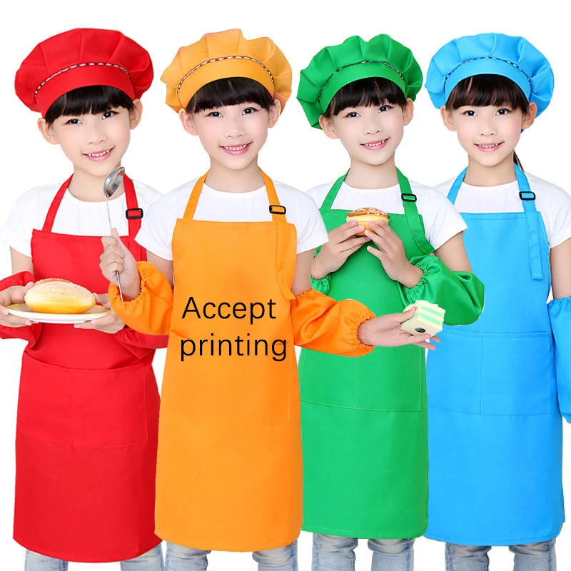 

ZQ05 Custom Cooking Baking Apron with Pocket Cotton Children Painting Cooking Set Adjustable Kids Apron And Chef Hat Set, As pic