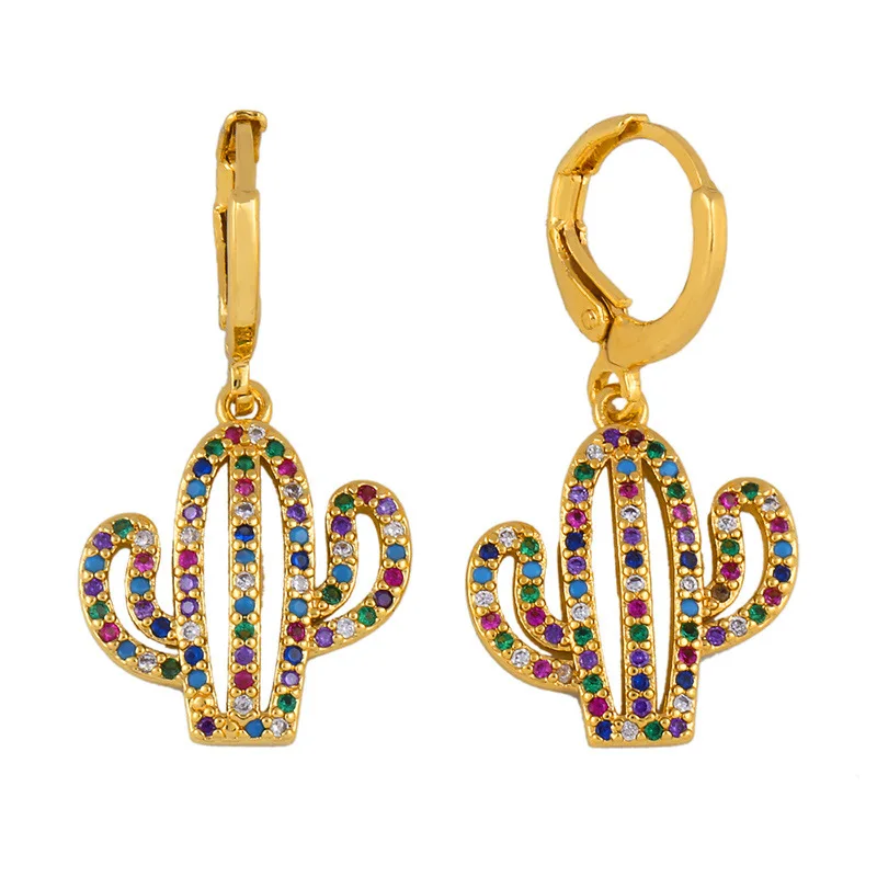 

European New Arrival Geometric Rainbow Cubic Zirconia Plant Earrings Colorful CZ Cactus Drop Earrings For Girls, Picture