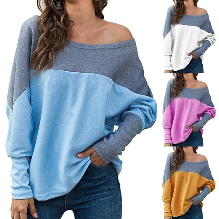 

2021 Hot Selling Wholesale Fashion casual women shirt color splice long sleeve one shoulder top for ladies