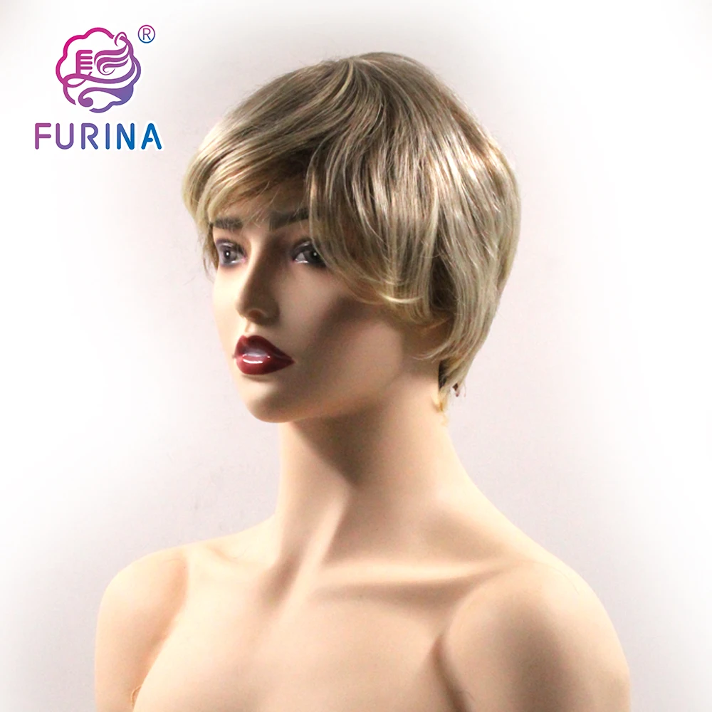 

White women Platinum Blonde Pixie cut bob short synthetic heat resistant wig with bangs for women
