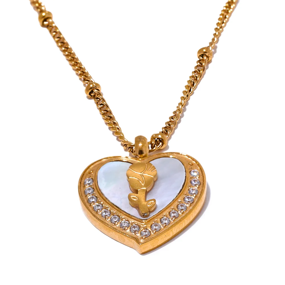 

JINYOU 2933 Trendy Natural Shell CZ Stainless Steel Heart Flower Pendant Necklace for Women Temperament Gold Waterproof Jewelry