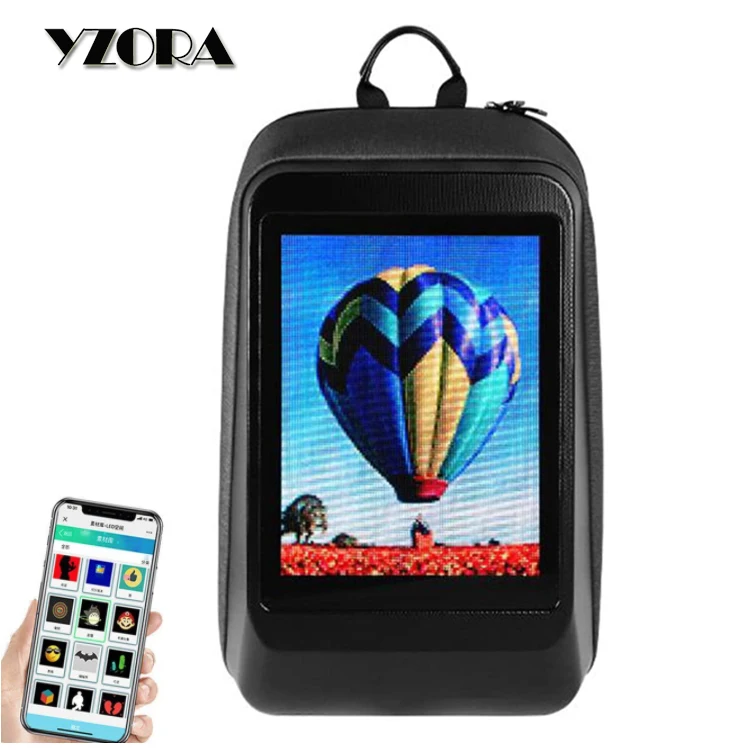 

yzora stock 128x96 full color App control Programmable DIY led dynamic billboard smart display screen travel backpack bag, Black